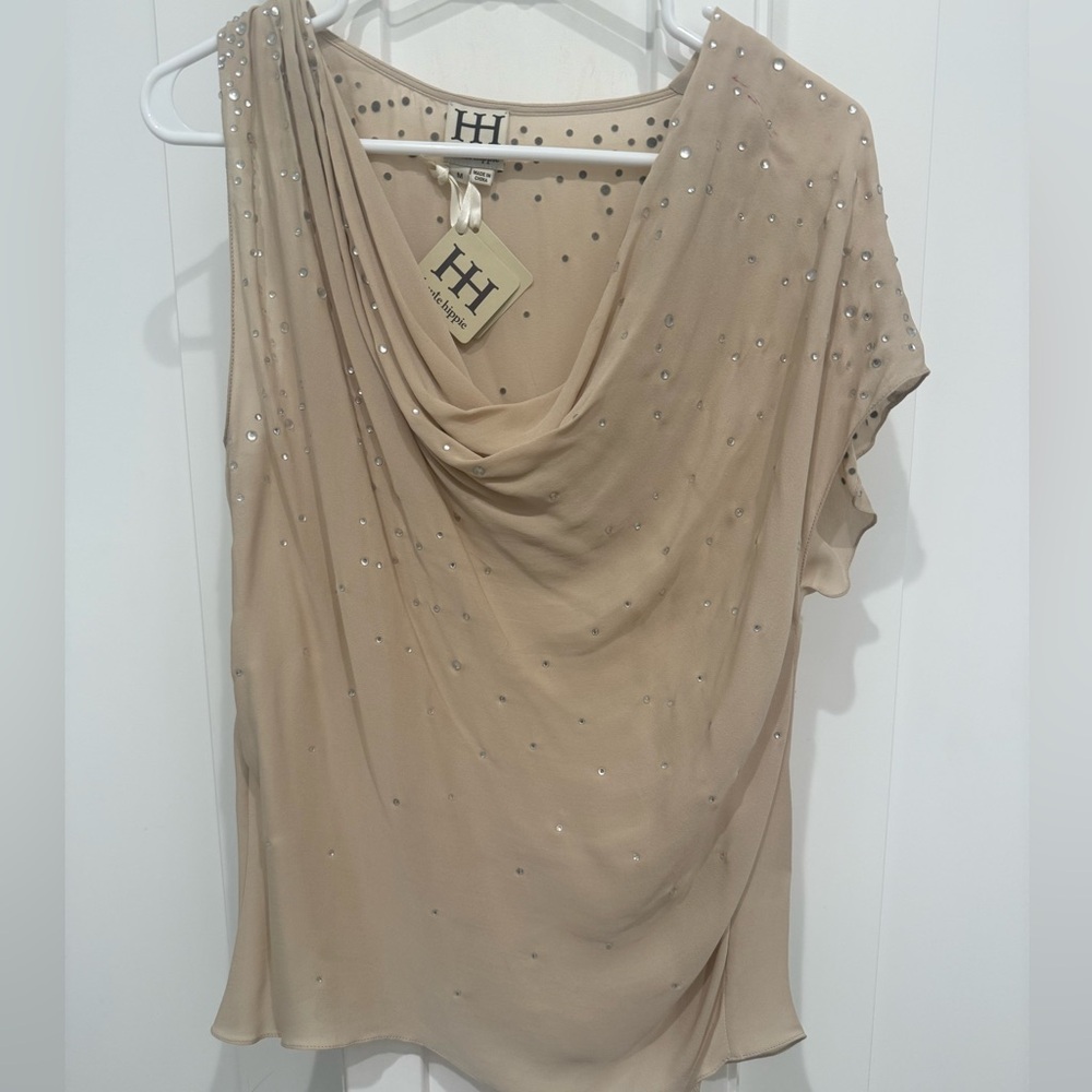 Haute Hippie Rhinestone Embellished Asymmetrical Silk Top Medium New With Tags
